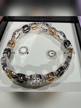 Tri-Tone Circle Link Bracelet with Clear Crystal Accents - Women